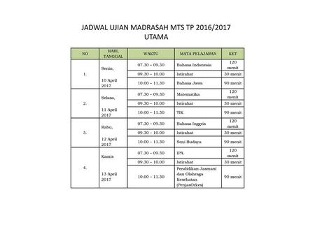 JADWAL UJIAN MADRASAH MTS TP 2016/2017