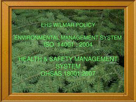 EHS WILMAR POLICY - ENVIRONMENTAL MANAGEMENT SYSTEM ISO 14001 : 2004 - HEALTH & SAFETY MANAGEMENT SYSTEM OHSAS 18001:2007.