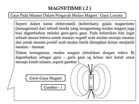 MAGNETISME ( 2 ) Gaya Pada Muatan Dalam Pengaruh Medan Magnet : Gaya Lorentz Seperti dalam kasus elektrostatik (kelistrikan), gejala magnetisme (kemagnetan)