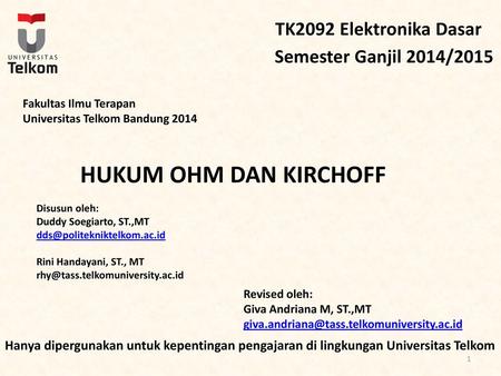 Hukum Ohm dan Kirchoff TK2092 Elektronika Dasar