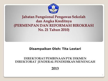 4/3/2017 Jabatan Fungsional Pengawas Sekolah dan Angka Kreditnya (PERMENPAN DAN REFORMASI BIROKRASI No. 21 Tahun 2010) Disampaikan Oleh: Tita Lestari.