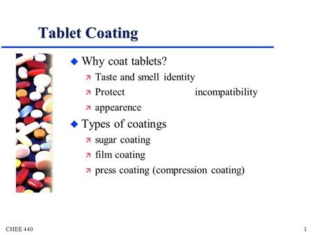 Tablet Coating Why coat tablets? Types of coatings