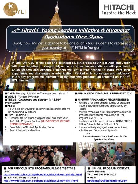 14th Hitachi Young Leaders Myanmar Applications Now Open!