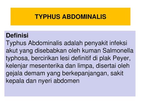 TYPHUS ABDOMINALIS Definisi Typhus Abdominalis adalah penyakit infeksi akut yang disebabkan oleh kuman Salmonella typhosa, bercirikan lesi definitif di.