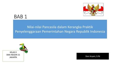 BAB 1 Nilai-nilai Pancasila dalam Kerangka Praktik Penyelenggaraan Pemerintahan Negara Republik Indonesia KELAS X SMA NEGERI 21 JAKARTA Devi Aryani, S.Pd.