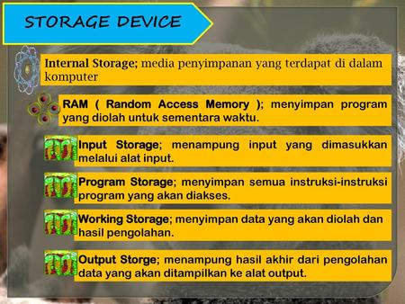 STORAGE DEVICE Internal Storage; media penyimpanan yang terdapat di dalam komputer RAM ( Random Access Memory ); menyimpan program yang diolah untuk sementara.