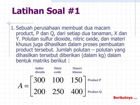 Latihan Soal #1 1.	Sebuah perusahaan membuat dua macam product, P dan Q, dari setiap dua tanaman, X dan Y. Polutan sulfur dioxide, nitric oxide, dan materi.