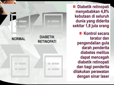 Diabetik retinopati menyebabkan 4,8% kebutaan di seluruh dunia yang diderita sekitar 1,8 juta orang Kontrol secara teratur dan pengendalian gula darah.