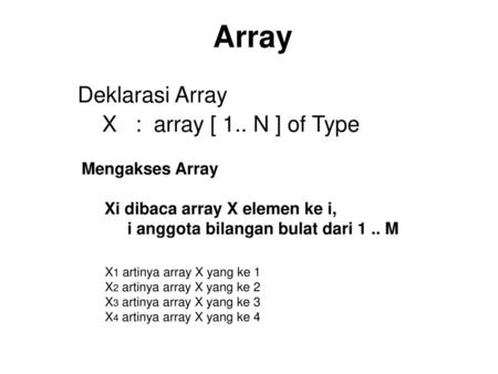 Deklarasi Array X : array [ 1.. N ] of Type