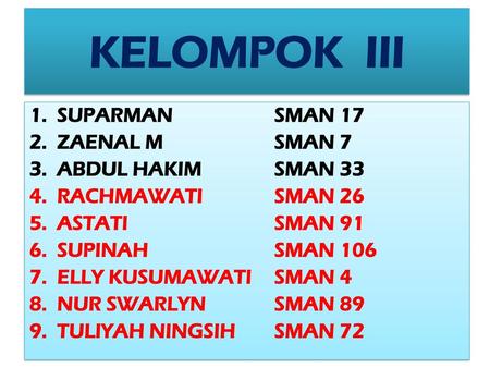 KELOMPOK III SUPARMAN SMAN 17 ZAENAL M SMAN 7 ABDUL HAKIM SMAN 33