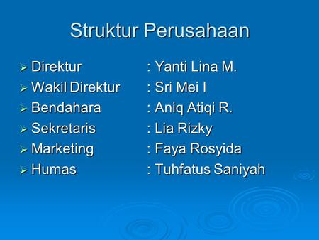 Struktur Perusahaan  Direktur : Yanti Lina M.  Wakil Direktur: Sri Mei I  Bendahara: Aniq Atiqi R.  Sekretaris: Lia Rizky  Marketing: Faya Rosyida.