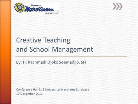 1 Creative Teaching and School Management Conference Hall Lt.2 Universitas Narotama Surabaya 10 Desember 2011 By: H. Rachmadi Djoko Soemadijo, SH.