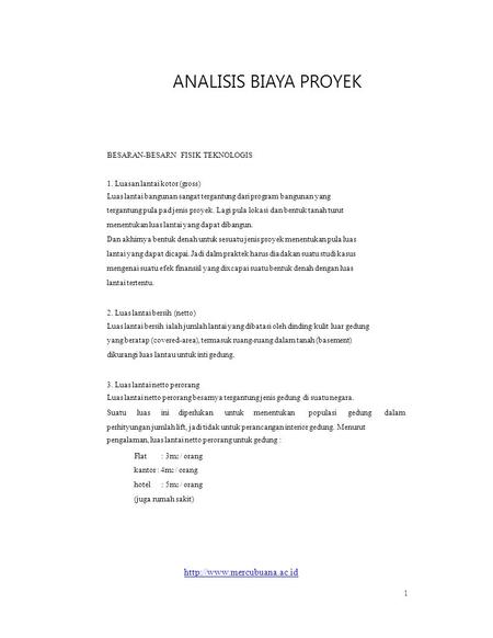 ANALISIS BIAYA PROYEK 1 BESARAN-BESARN FISIK TEKNOLOGIS