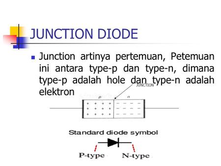 JUNCTION DIODE Junction artinya pertemuan, Petemuan ini antara type-p dan type-n, dimana type-p adalah hole dan type-n adalah elektron JUNCTION.