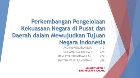 Perkembangan Pengelolaan Kekuasaan Negara di Pusat dan Daerah dalam Mewujudkan Tujuan Negara Indonesia AYU NOVITA ARUMSARI		(19) DEA AMANDA AMELIA R		(24)
