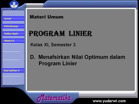Peta Konsep. Peta Konsep D. Menafsirkan Nilai Optimum dalam Program Linier.