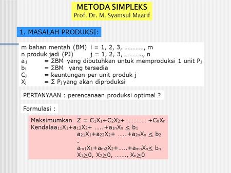 METODA SIMPLEKS Prof. Dr. M. Syamsul Maarif 1. MASALAH PRODUKSI: m bahan mentah (BM)i = 1, 2, 3, …………, m n produk jadi (PJ)j = 1, 2, 3, ……….., n a ij =