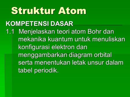 Struktur Atom KOMPETENSI DASAR 1.1 Menjelaskan teori atom Bohr dan