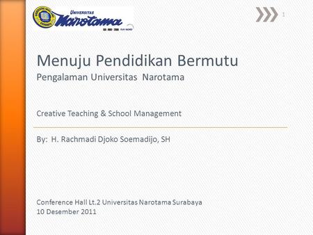 1 Menuju Pendidikan Bermutu Pengalaman Universitas Narotama Creative Teaching & School Management Conference Hall Lt.2 Universitas Narotama Surabaya 10.