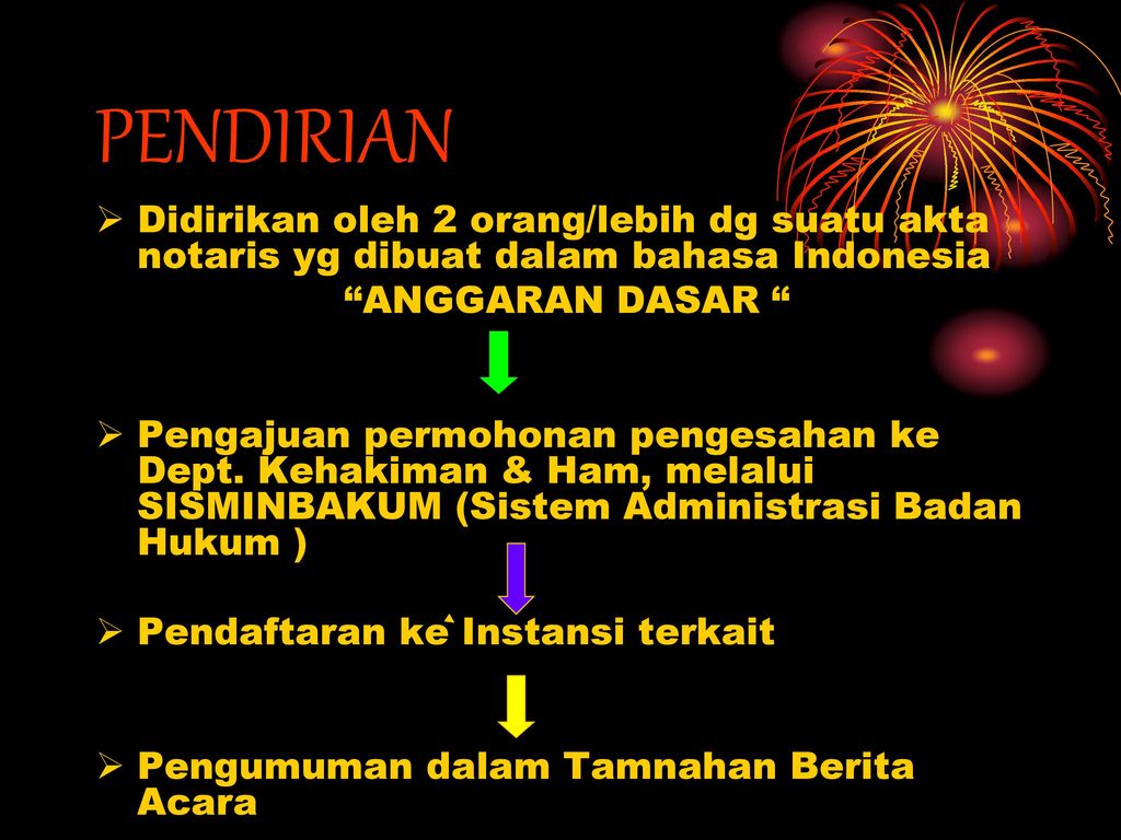PENDIRIAN Didirikan oleh 2 orang/lebih dg suatu akta notaris yg dibuat dalam bahasa Indonesia. ANGGARAN DASAR