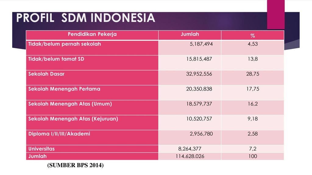 PROFIL SDM INDONESIA (SUMBER BPS 2014) Pendidikan Pekerja Jumlah %