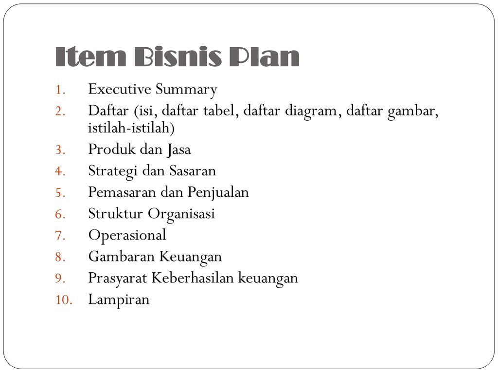Item Bisnis Plan Executive Summary