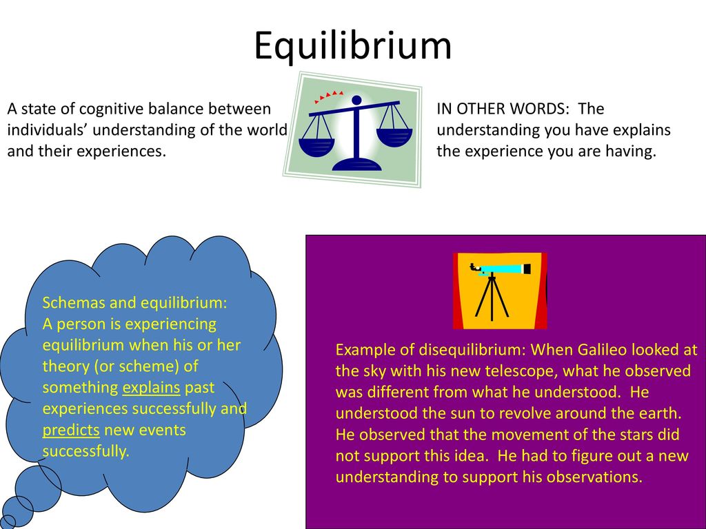 Equilibrium A state of cognitive balance between individuals’ understanding of the world and their experiences.