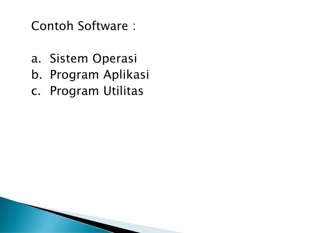 Contoh Software : a. Sistem Operasi b. Program Aplikasi c. Program Utilitas