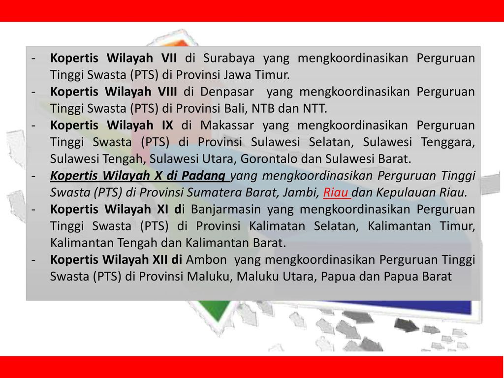 Kopertis Wilayah VII di Surabaya yang mengkoordinasikan Perguruan Tinggi Swasta (PTS) di Provinsi Jawa Timur.