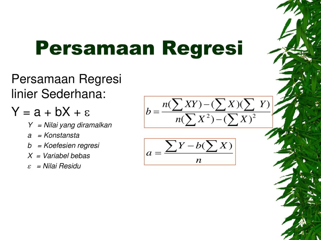 Persamaan Regresi Persamaan Regresi linier Sederhana: Y = a + bX + 