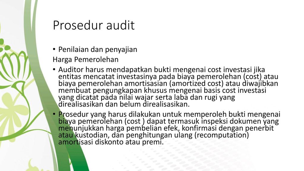 Prosedur audit Penilaian dan penyajian Harga Pemerolehan