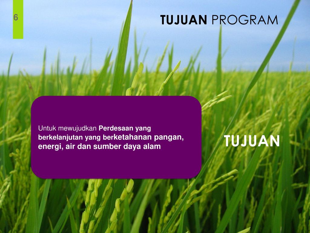 TUJUAN PROGRAM 6. Untuk mewujudkan Perdesaan yang berkelanjutan yang berketahanan pangan, energi, air dan sumber daya alam.