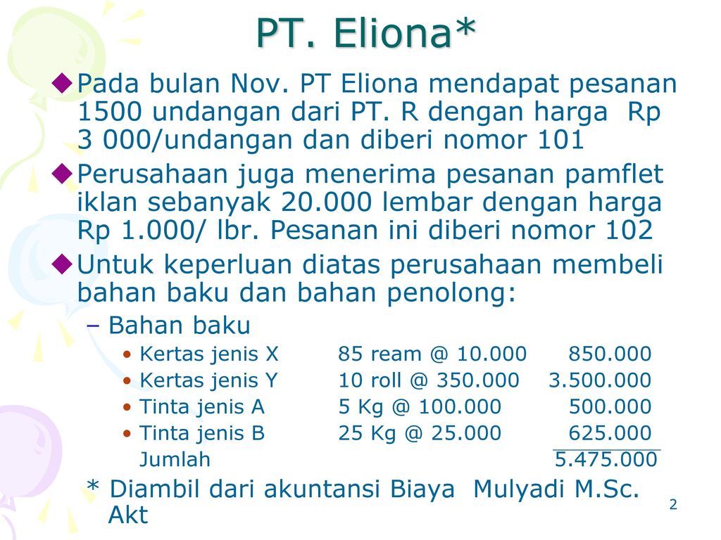 PT. Eliona* Pada bulan Nov. PT Eliona mendapat pesanan 1500 undangan dari PT. R dengan harga Rp 3 000/undangan dan diberi nomor 101.