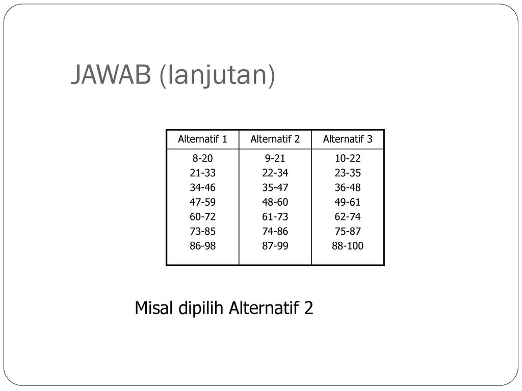 JAWAB (lanjutan) Misal dipilih Alternatif 2 Alternatif 1 Alternatif 2
