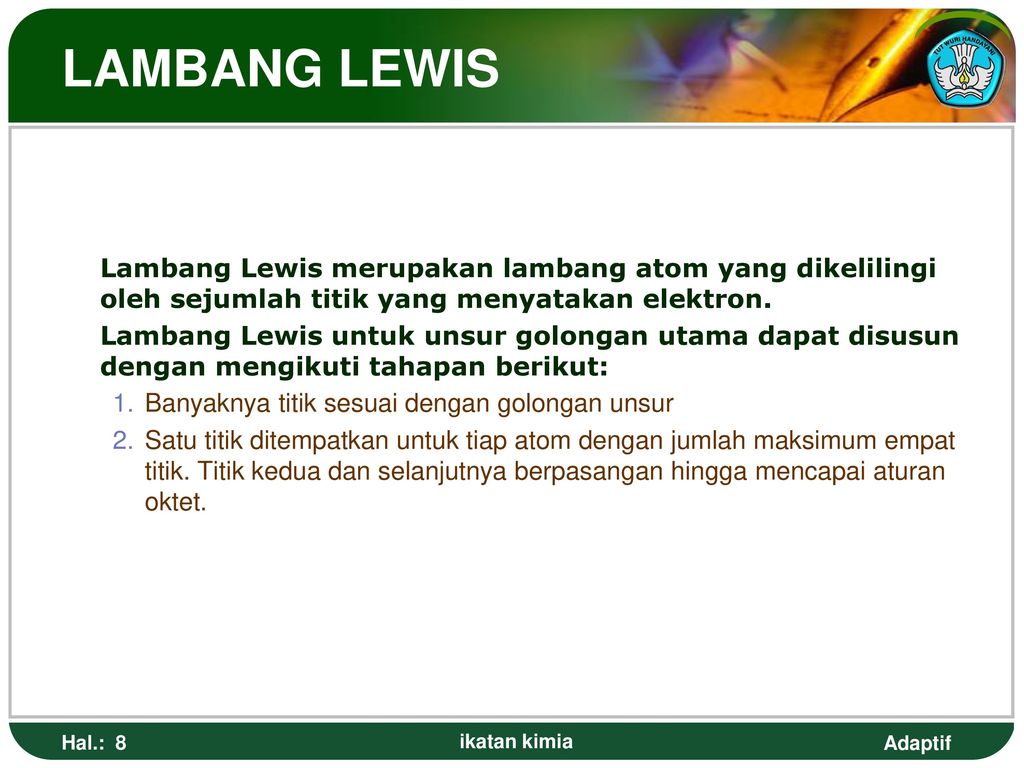 LAMBANG LEWIS Lambang Lewis merupakan lambang atom yang dikelilingi oleh sejumlah titik yang menyatakan elektron.