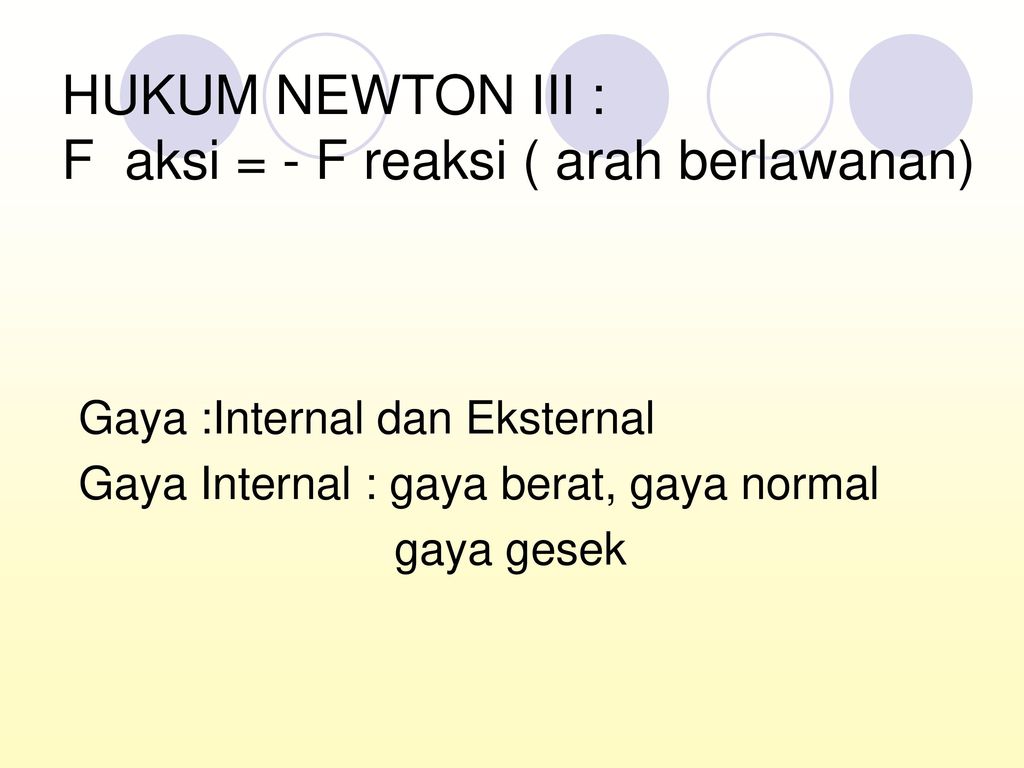 HUKUM NEWTON III : F aksi = - F reaksi ( arah berlawanan)