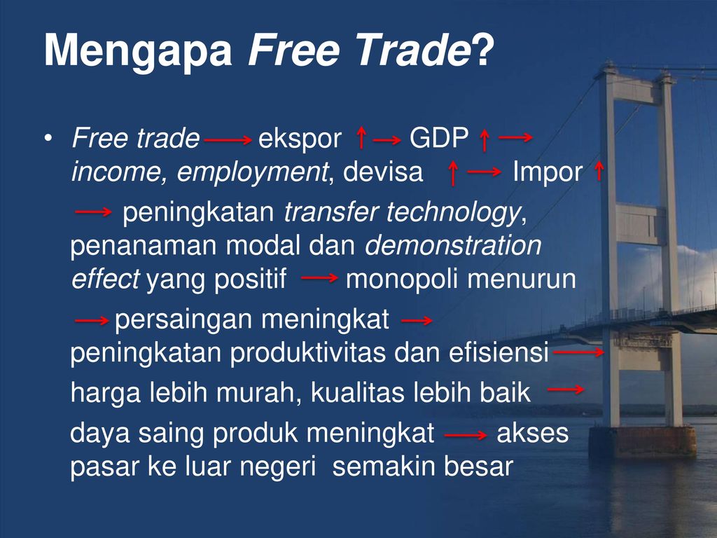 Mengapa Free Trade Free trade ekspor GDP income, employment, devisa Impor.