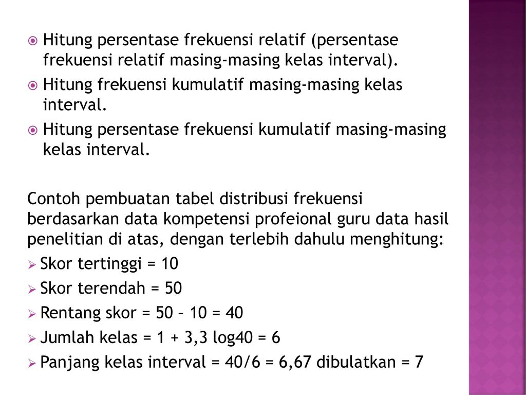 Hitung persentase frekuensi relatif (persentase frekuensi relatif masing-masing kelas interval).