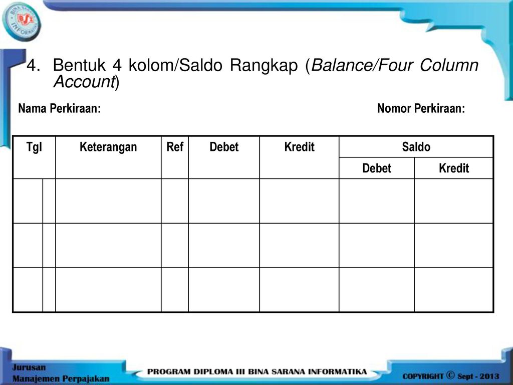 Bentuk 4 kolom/Saldo Rangkap (Balance/Four Column Account)