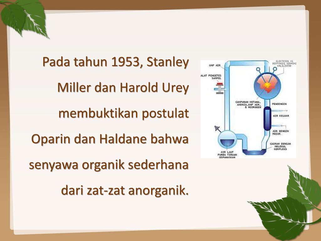 Pada tahun 1953, Stanley Miller dan Harold Urey membuktikan postulat Oparin dan Haldane bahwa senyawa organik sederhana dari zat-zat anorganik.