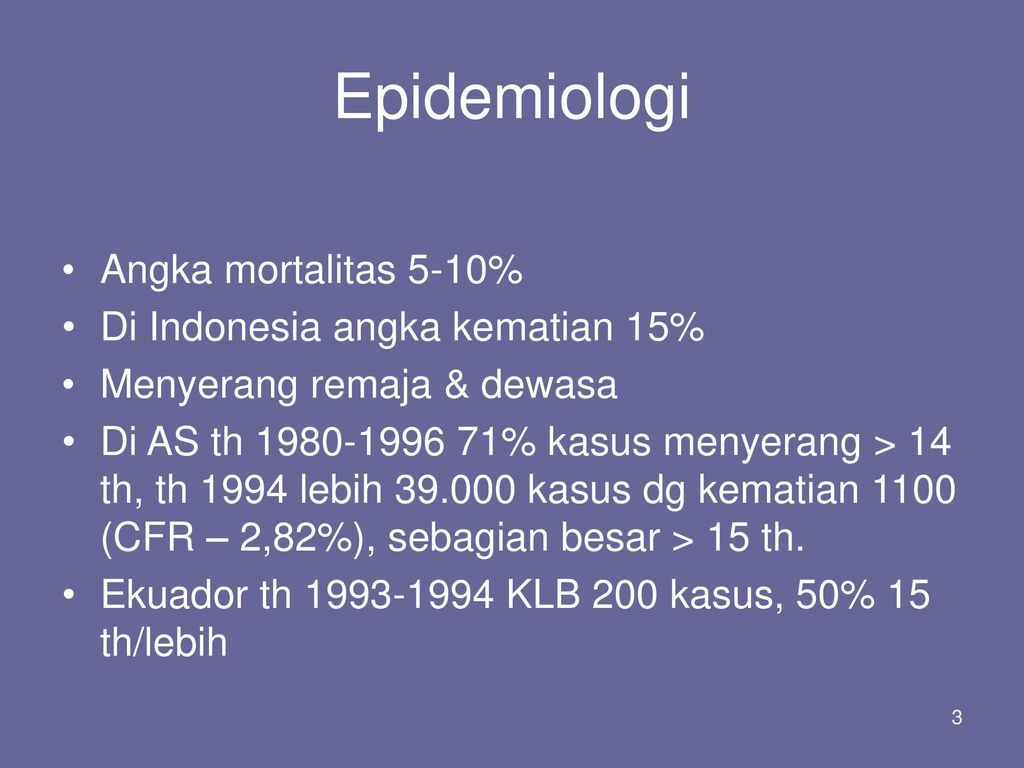 Epidemiologi Angka mortalitas 5-10% Di Indonesia angka kematian 15%
