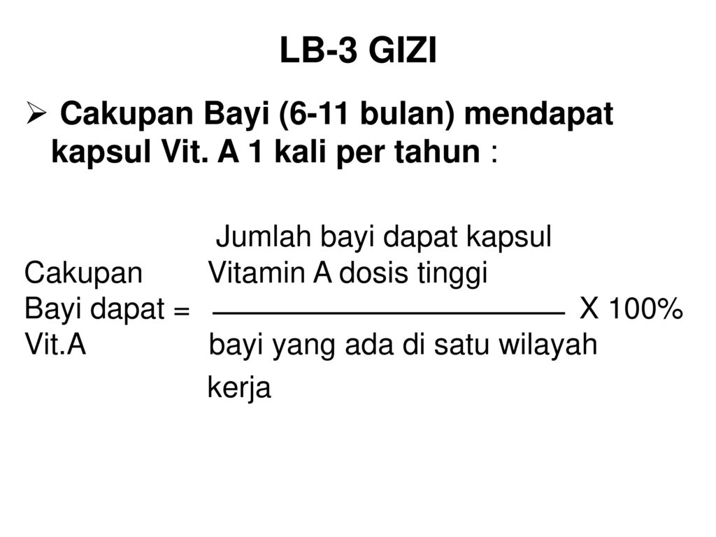 LB-3 GIZI Cakupan Bayi (6-11 bulan) mendapat kapsul Vit. A 1 kali per tahun : Jumlah bayi dapat kapsul.