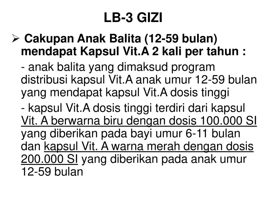 LB-3 GIZI Cakupan Anak Balita (12-59 bulan) mendapat Kapsul Vit.A 2 kali per tahun :