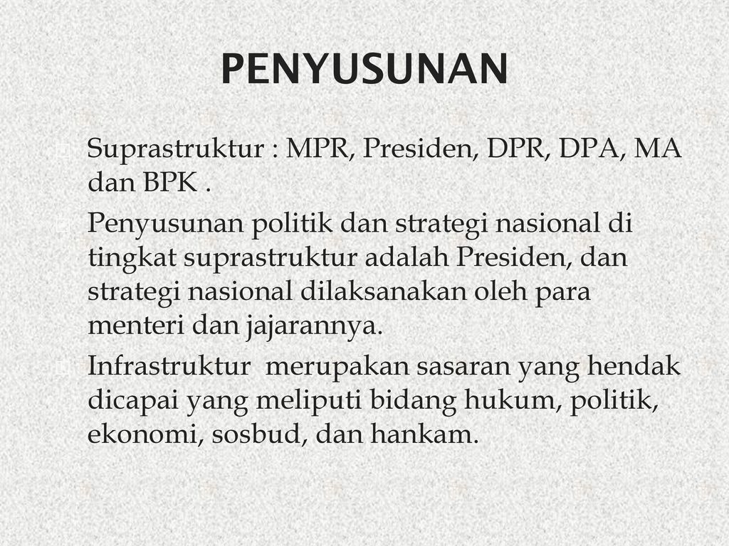 PENYUSUNAN Suprastruktur : MPR, Presiden, DPR, DPA, MA dan BPK .