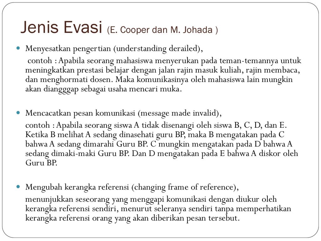 Jenis Evasi (E. Cooper dan M. Johada )