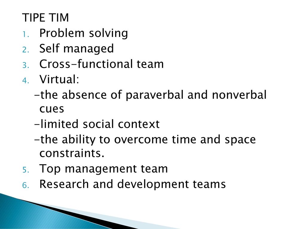 TIPE TIM Problem solving. Self managed. Cross-functional team. Virtual: -the absence of paraverbal and nonverbal cues.