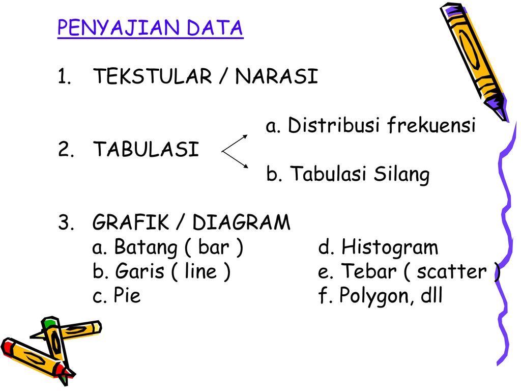 PENYAJIAN DATA TEKSTULAR / NARASI. a. Distribusi frekuensi. TABULASI. b. Tabulasi Silang. 3. GRAFIK / DIAGRAM.