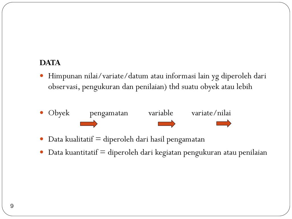 DATA Himpunan nilai/variate/datum atau informasi lain yg diperoleh dari observasi, pengukuran dan penilaian) thd suatu obyek atau lebih.