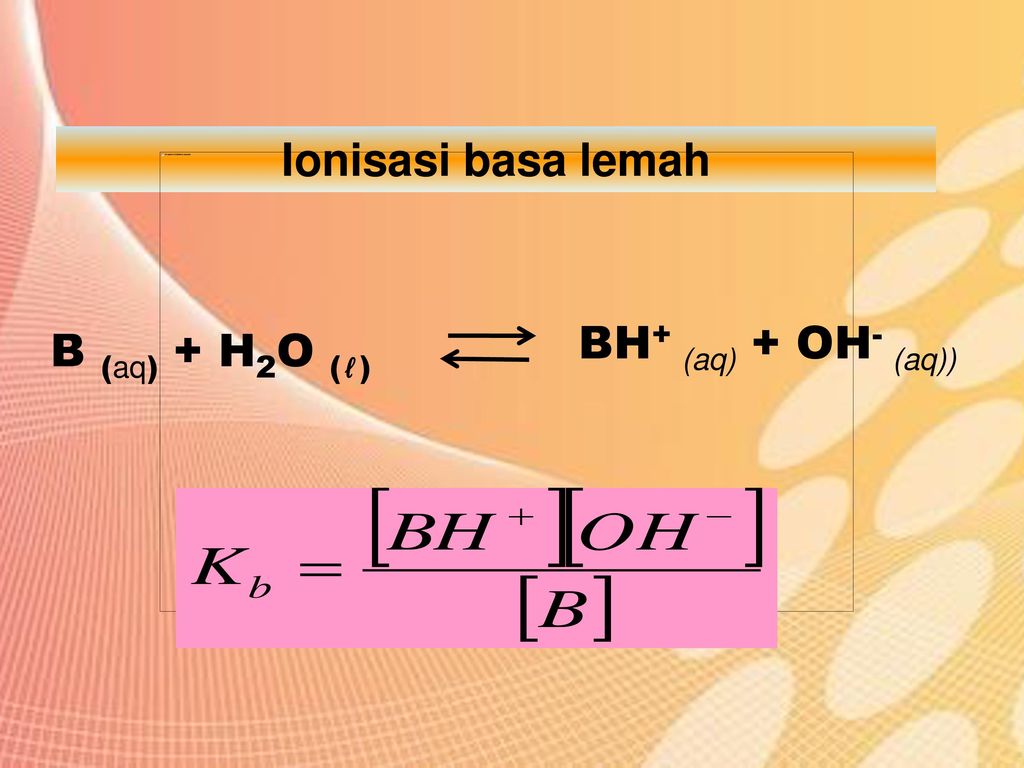 Ionisasi basa lemah BH+ (aq) + OH- (aq)) B (aq) + H2O (ℓ)