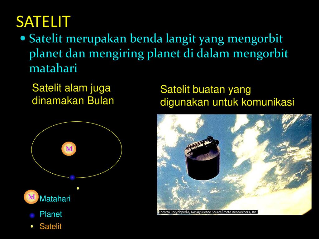 SATELIT Satelit merupakan benda langit yang mengorbit planet dan mengiring planet di dalam mengorbit matahari.